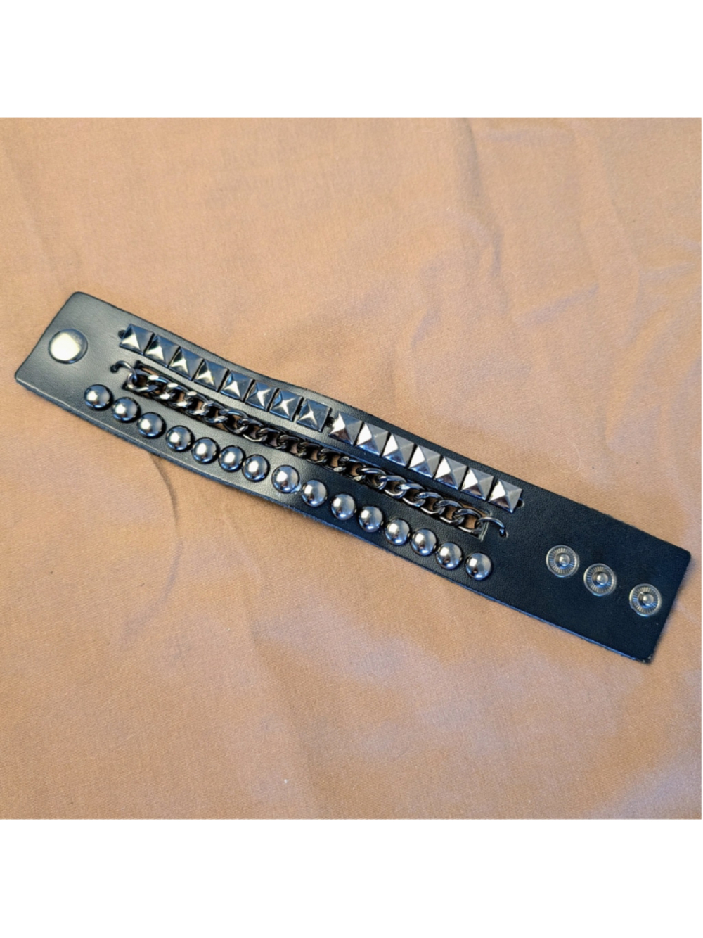 Black Studded Chain Cuff Bracelet Punk Goth Biker Faux Leather Adjustable Snap - Picture 4 of 7